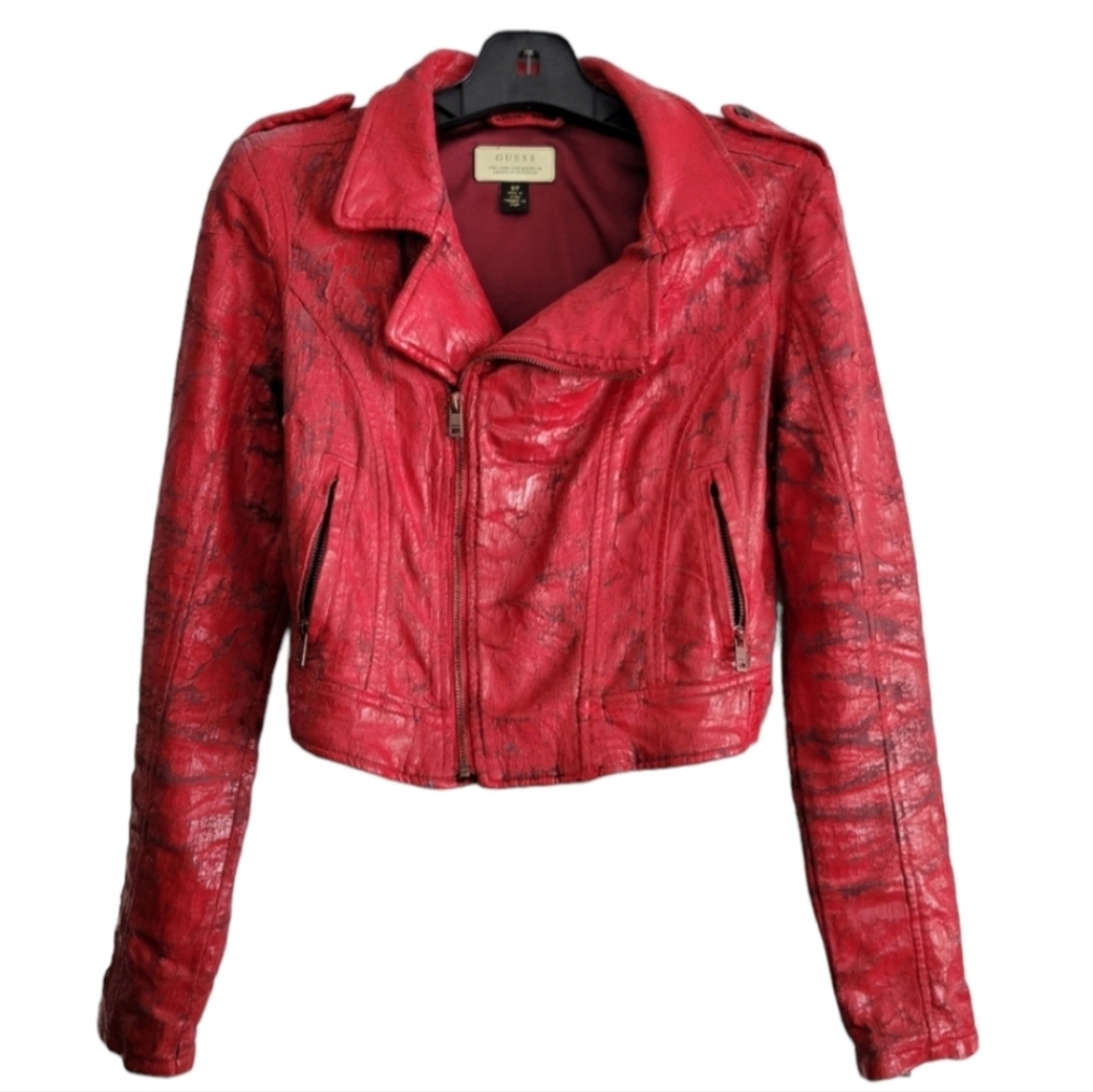 Mega Distressed Leather-Like Jacket Bright Red